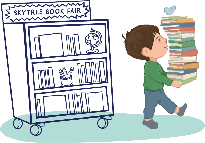 Animated little boy holding a large stack of books next to a SkyTree Book Fairs display
