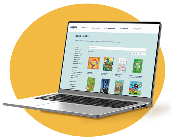 Yellow circle with an open laptop showing SkyTree Book Fairs