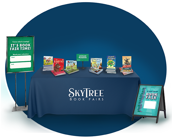 A blue circle with a SkyTree Book Fairs display in it
