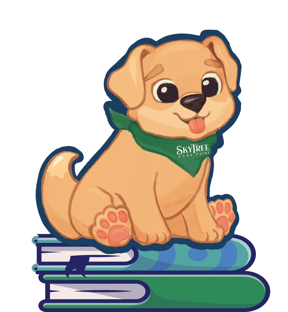 Animated dog sitting on books wearing a SkyTree Book Fairs collar