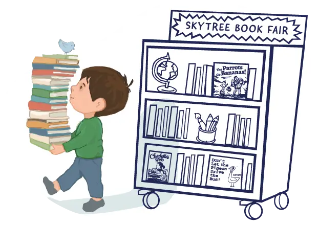 Little boy carrying a stack of books next to a cart that says SkyTree Book Fair