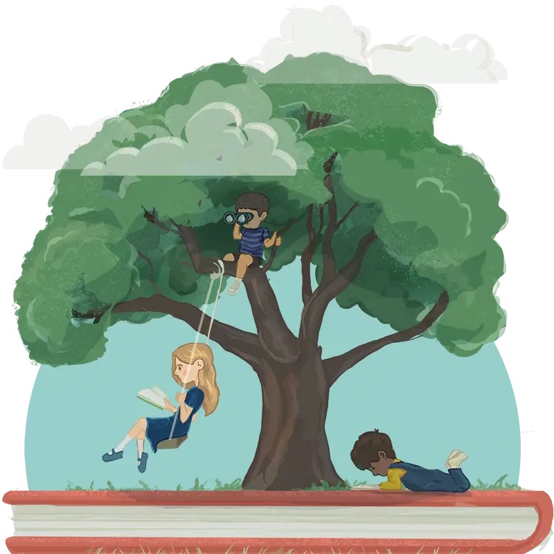 A tree on top of a closed book with 3 children playing on it